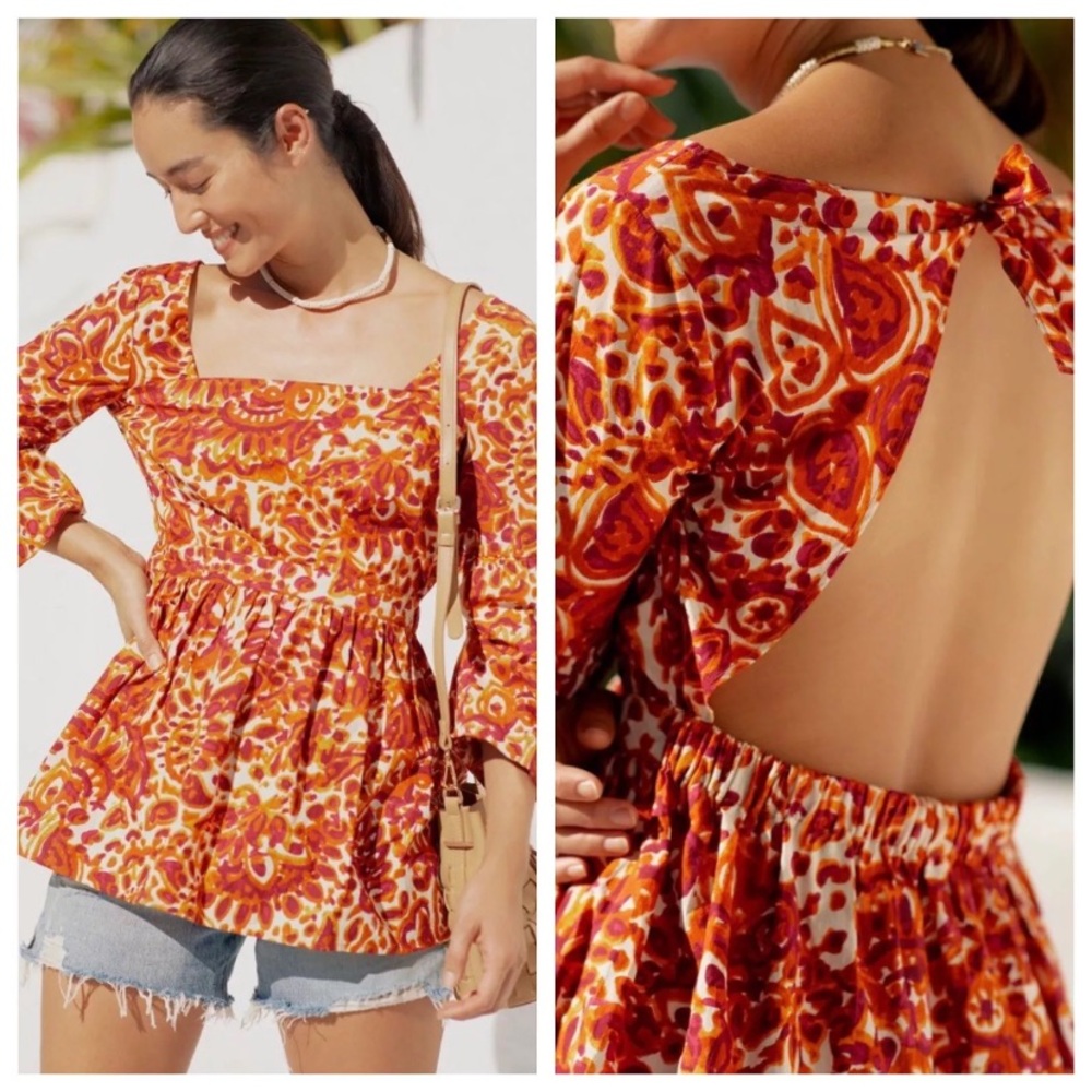 Anthropologie Love the Label floral tie open back shirt top size medium women’s